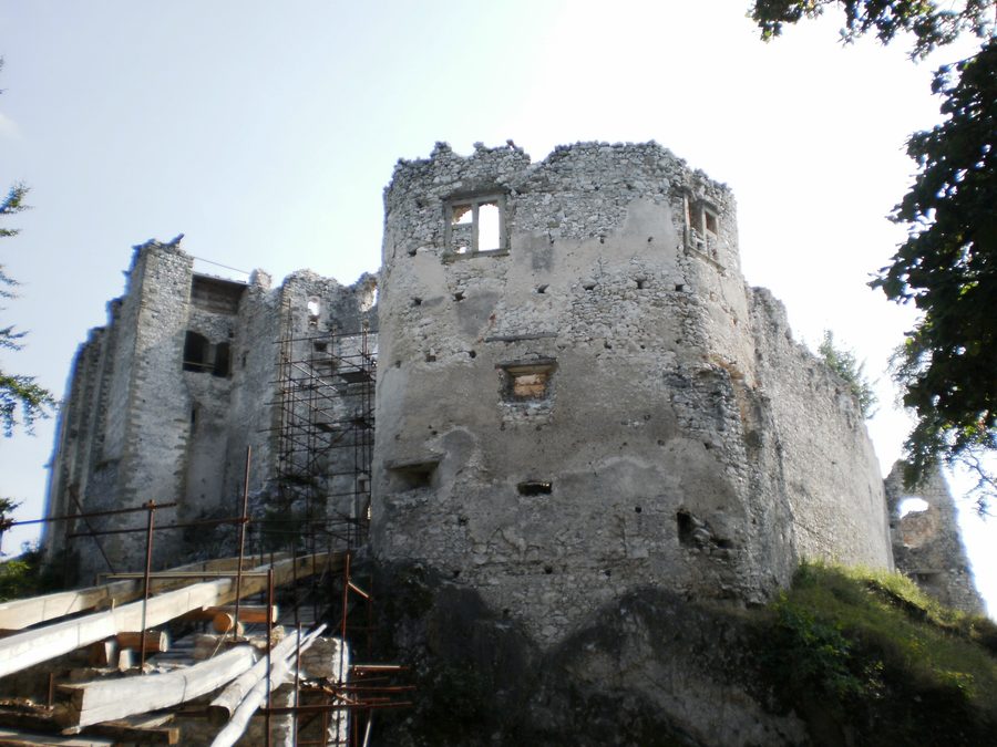 Uhrovec castle ruin on a wooded hill