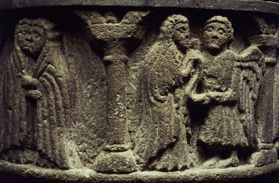 Baptismal font with the Annunciation in Knislinge kyrka