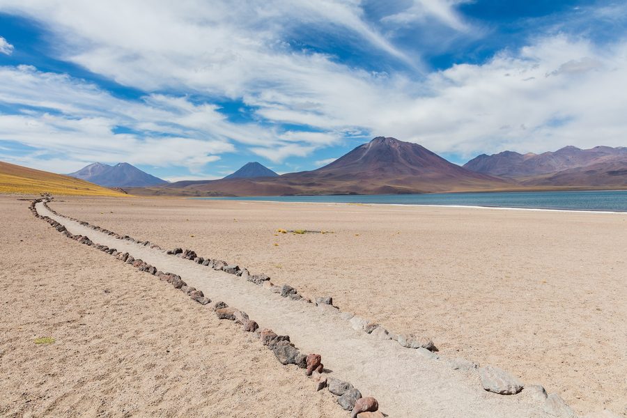 Laguna Miscanti on the Altiplano in northern Chile, with high-altitude lagoon water and volcanic scenery.