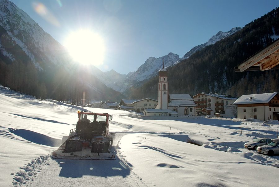 Preparation of the cross-country ski trails in the village of Gries at an altitude of 1569 meters