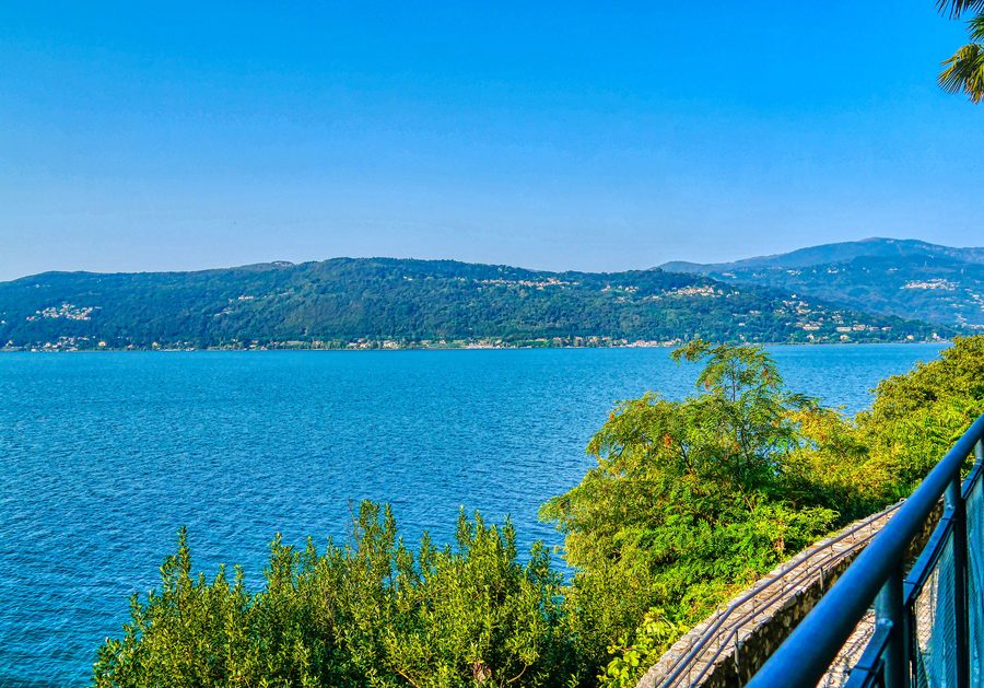 View from the Santa Caterina del Sasso monastery over Lake Maggiore and the surrounding mountains in the province of Varese