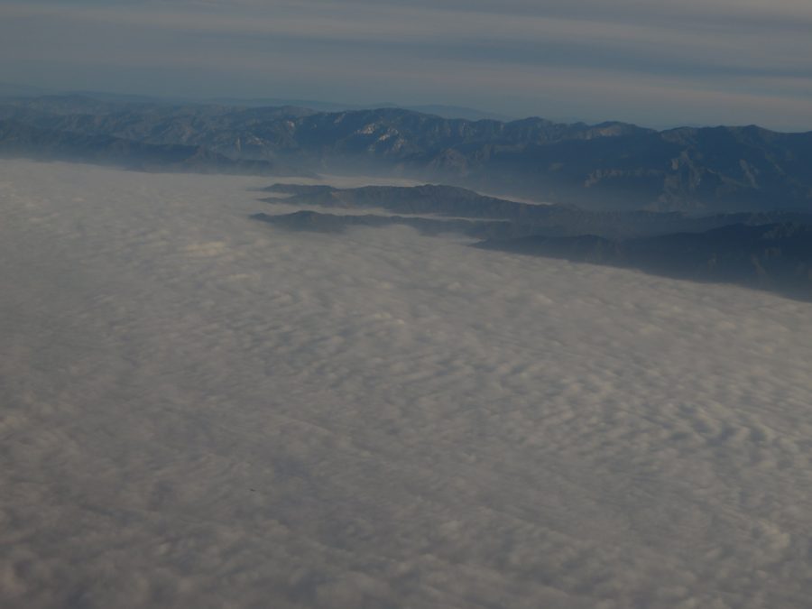 San Gabriel Mountains and foggy San Gabriel Valley in California
