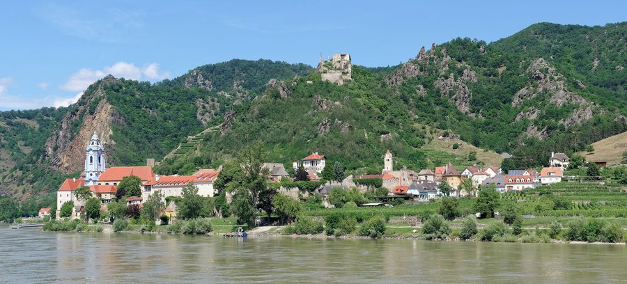 Dürnstein in the Wachau Valley with monastery and castle ruin in the background