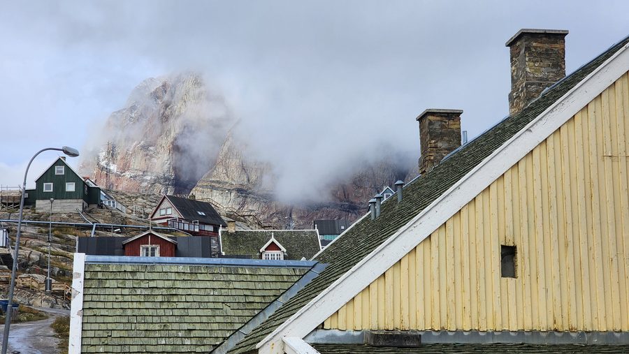 View from the settlement toward Uummannaq Mountain in Greenland