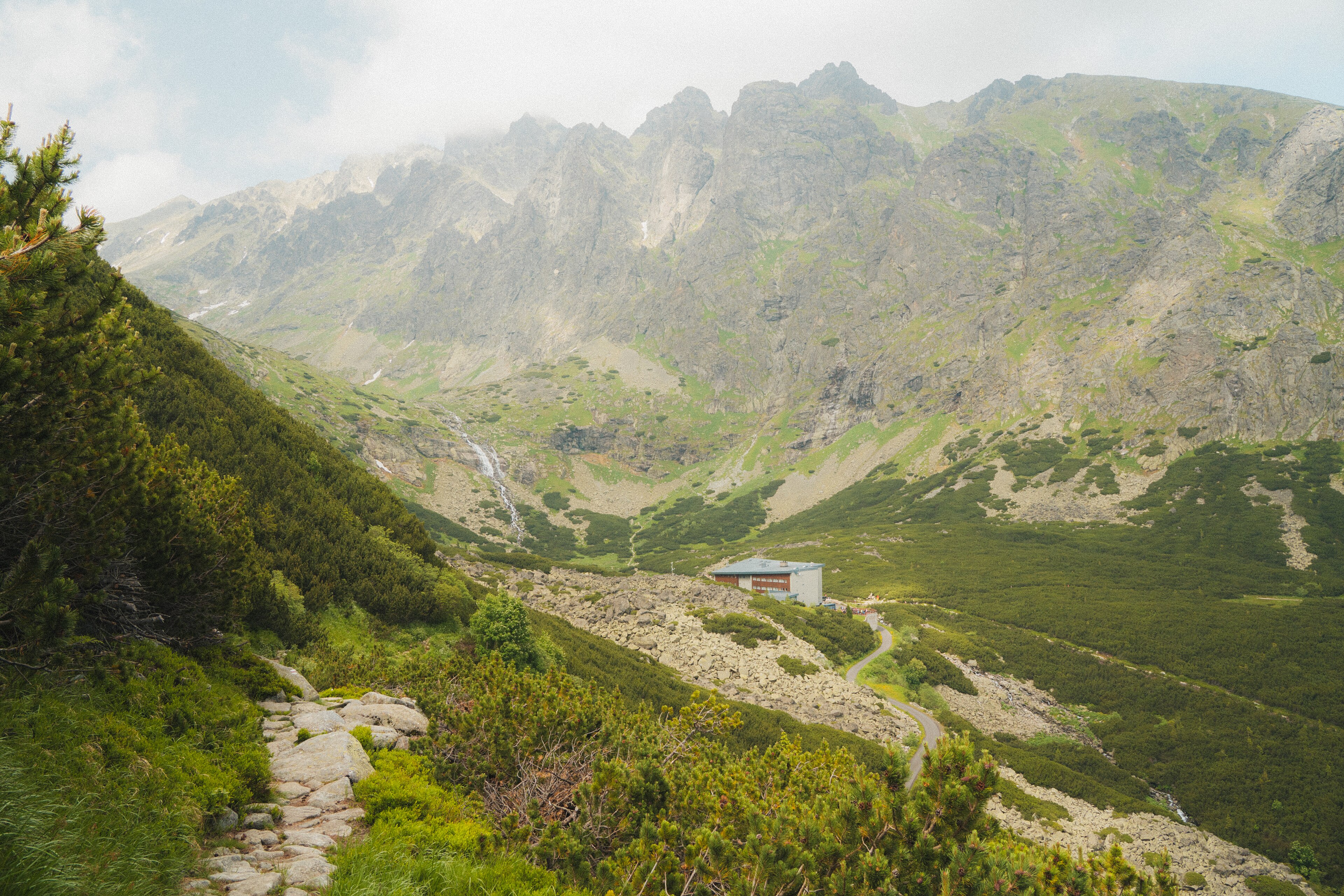 Mountain valley Velická dolina with the peaks of the High Tatras in Slovakia