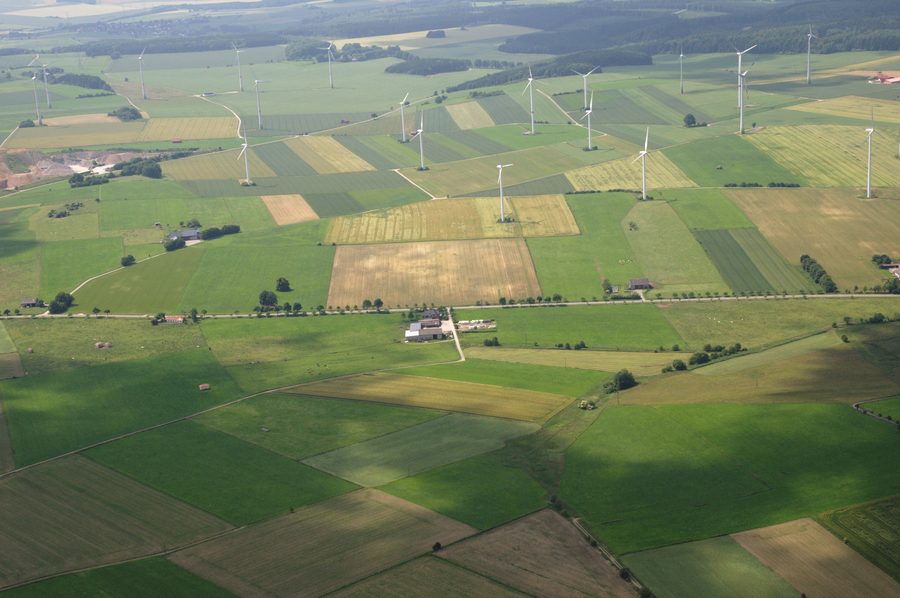 Aerial view of the landscape near Madfeld with the Bürgerwindpark Sauerland Ost