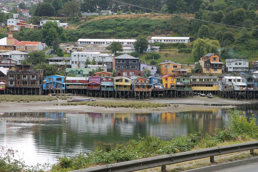 Colourful stilt houses on the coast of Castro on Chiloé