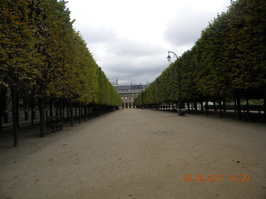 The garden courtyard of the Palais Royal in Paris with its classical arcades.