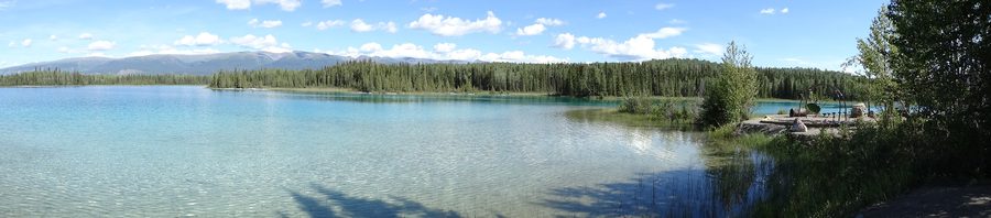 Panorama of Boya Lake in Boya Lake Provincial Park near Watson Lake in northern British Columbia.