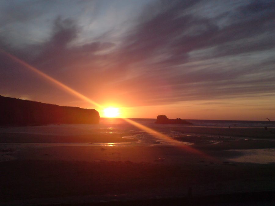 Sunset over Perranporth Beach with Chapel Rock, Perranporth, Cornwall