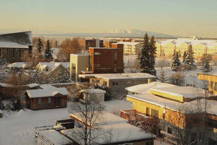 Winter view over Anchorage toward Knik Arm of Cook Inlet and Mount Susitna