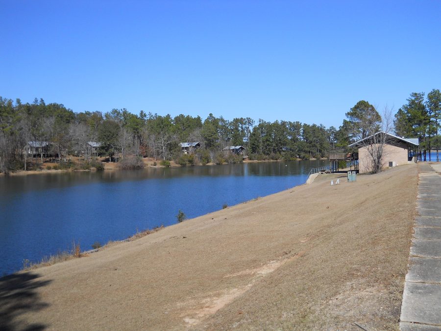 Rental cabins at Flint Creek Water Park on a bay of the reservoir in Wiggins, Mississippi
