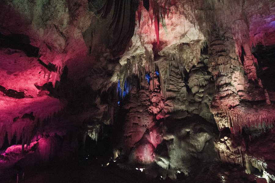 Illuminated stalactite halls of Prometheus Cave in the municipality of Tskaltubo
