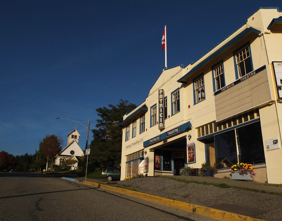 Ash Avenue in Powell River Townsite with the Patricia Theatre and St. Joseph’s Catholic Church