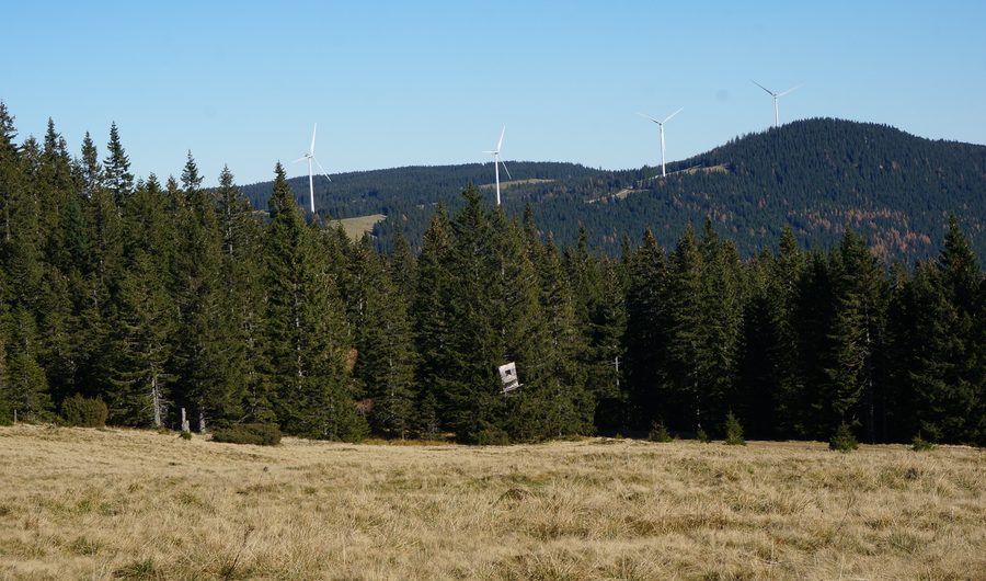 Panoramic view over the Freiländeralm wind farm near Stoffhütte in Styria