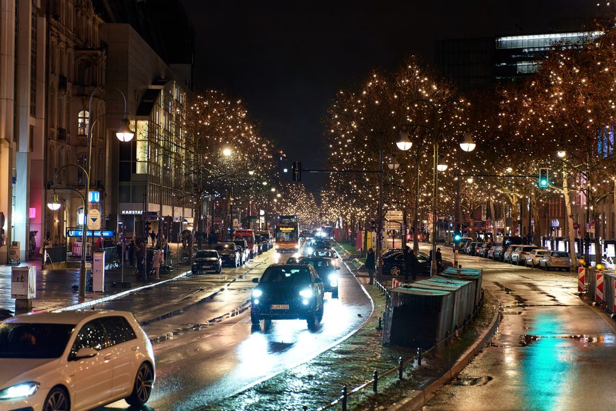 Kurfürstendamm in Berlin-Charlottenburg with nighttime Christmas lights