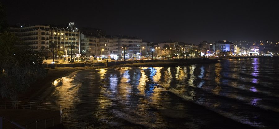 Night view of the coastline in Kuşadası, Aydın, Turkey