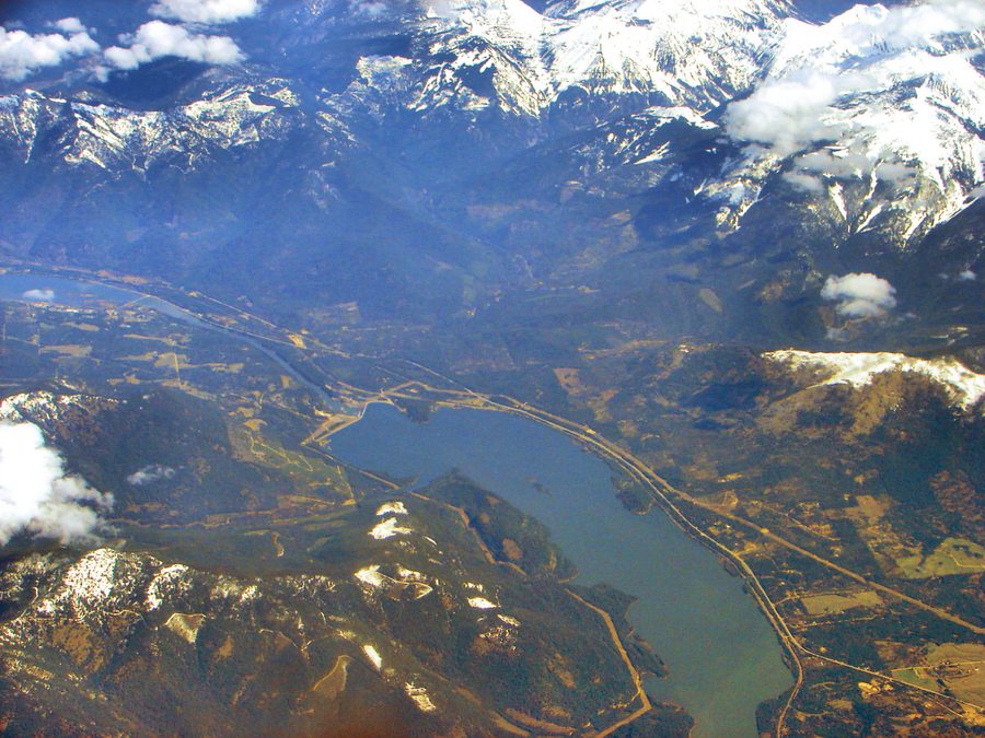 Aerial view of the Noxon Reservoir and the dam in Montana