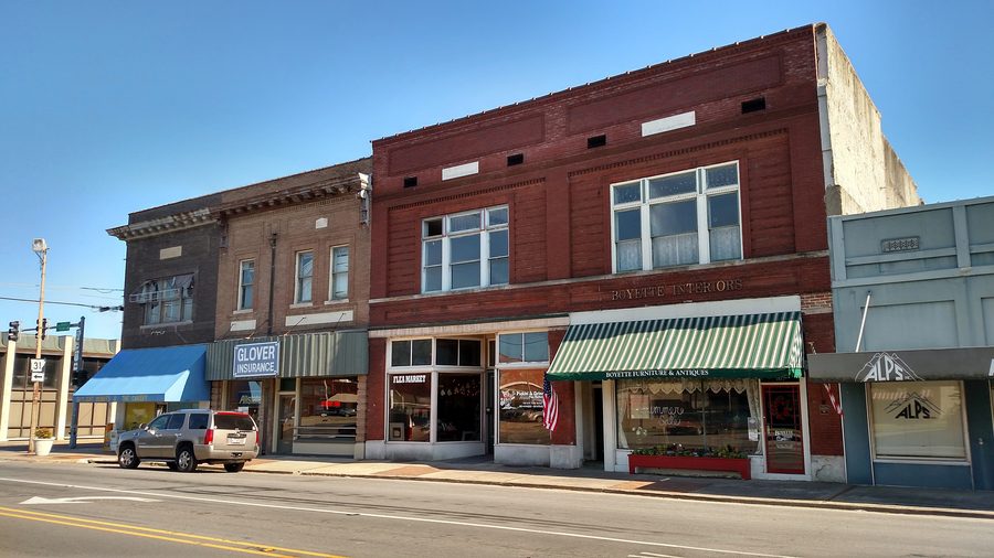 Historic buildings and street in downtown Lonoke, Arkansas