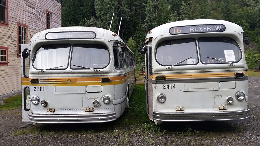 Old trolley buses in the historic mining settlement of Sandon in British Columbia