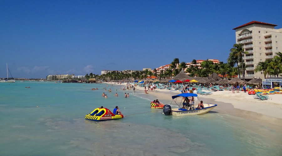 Palm Beach on Aruba with a lively beach and hotel zone