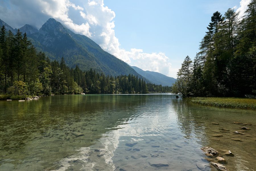 Hintersee in Ramsau near Berchtesgaden in front of an alpine mountain landscape