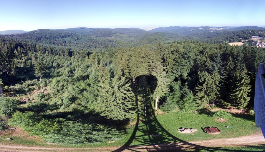 View from the Teltschik Tower toward Königstuhl, Weißen Stein, and the Rhine plain