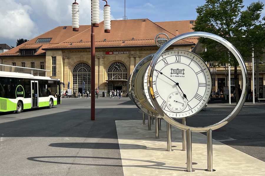 Distinctive Tissot clock at La Chaux-de-Fonds station