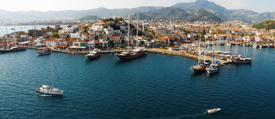 Aerial view of the harbor of Marmaris on the Turkish Mediterranean coast