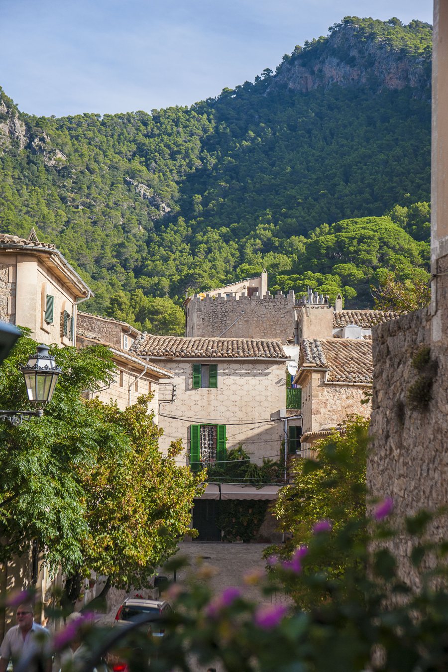 Spanish village street with stone houses and green shutters below a forested mountain